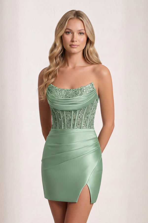 Sage Green Bodycon Sequined Strapless Corset Homecoming Dresses with Slit | KISSPROM