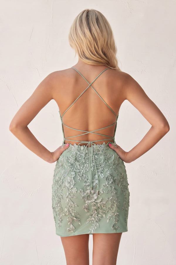 Sage Green Bodycon Spaghetti Straps Sequined Mini Party Dresses with Lace Appliques (2) | KISSPROM