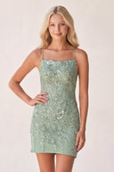 Sage Green Bodycon Spaghetti Straps Sequined Mini Party Dresses with Lace Appliques | KISSPROM