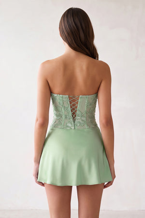 Sage Green Embroidered A-Line Strapless Satin Homecoming Dress (2) | KISSPROM