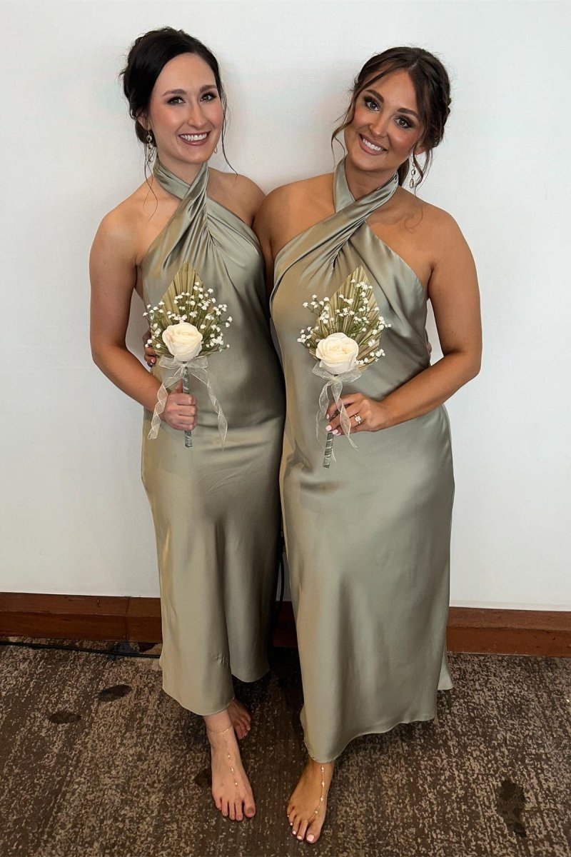 Sage Green Halter Sheath Ankle Length Bridesmaid Dress Sage Green / Custom Size Sage Green Halter Sheath Ankle Length Bridesmaid Dress Sage Green / Custom Size