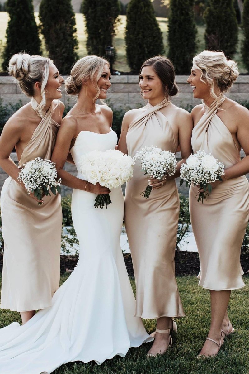 Sage Green Halter Sheath Ankle Length Bridesmaid Dress, Champagne / Custom Size