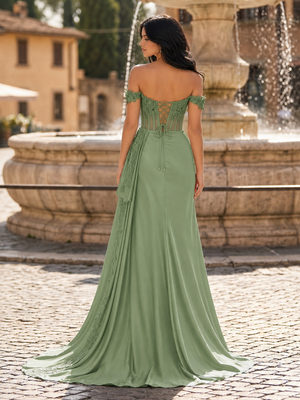 Off the Shoulder Satin Beaded Prom Dress With Appliques