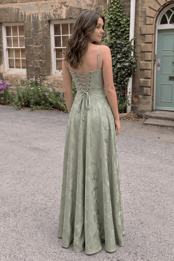 Sage Green Mermaid Satin Spaghetti Straps Long Prom Dresses (2) | KISSPROM