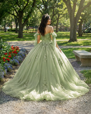 Sage Green Off Shoulder Tulle Quinceanera Dresses With Lace Appliques (2) | KISSPROM