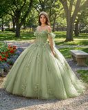 Sage Green Off Shoulder Tulle Quinceanera Dresses With Lace Appliques | KISSPROM