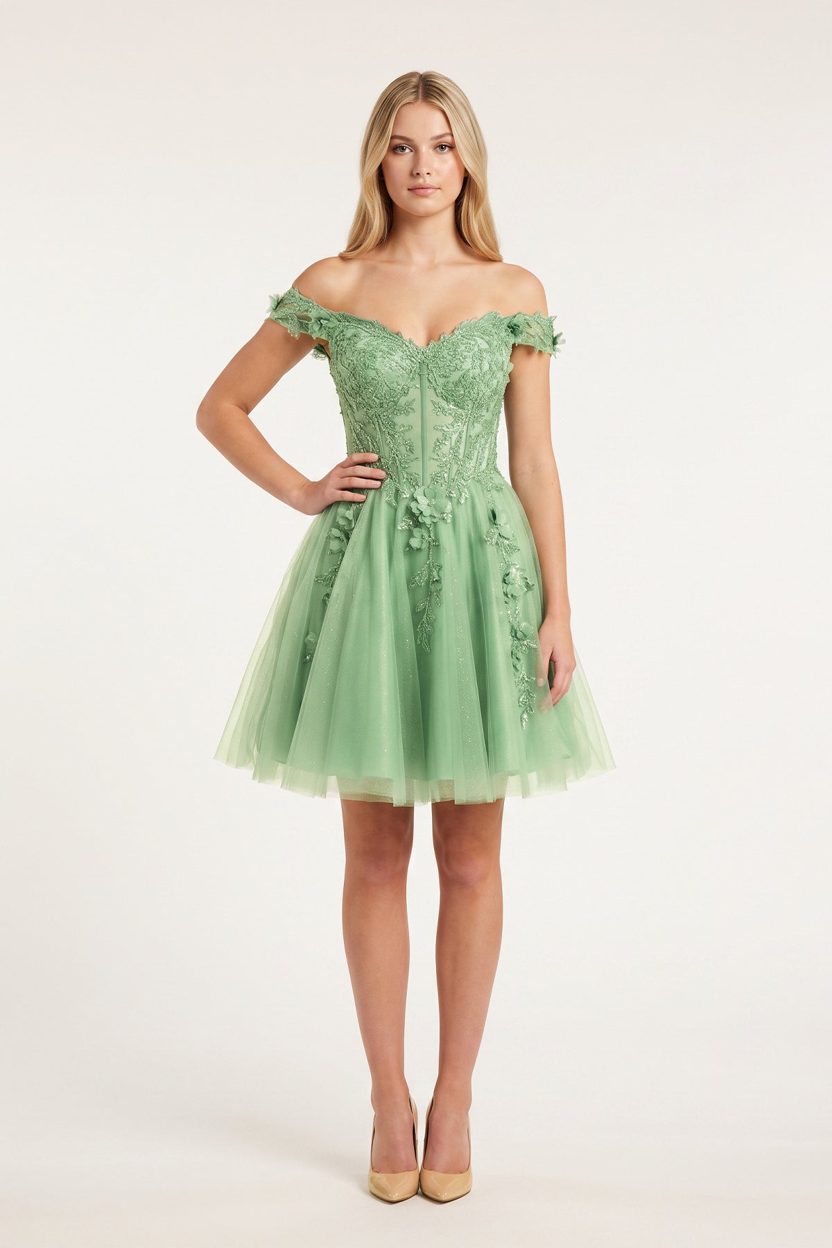 KissProm Green Off-the-Shoulder Beaded Appliques A-Line Homecoming Dress, Mint Green / 14
