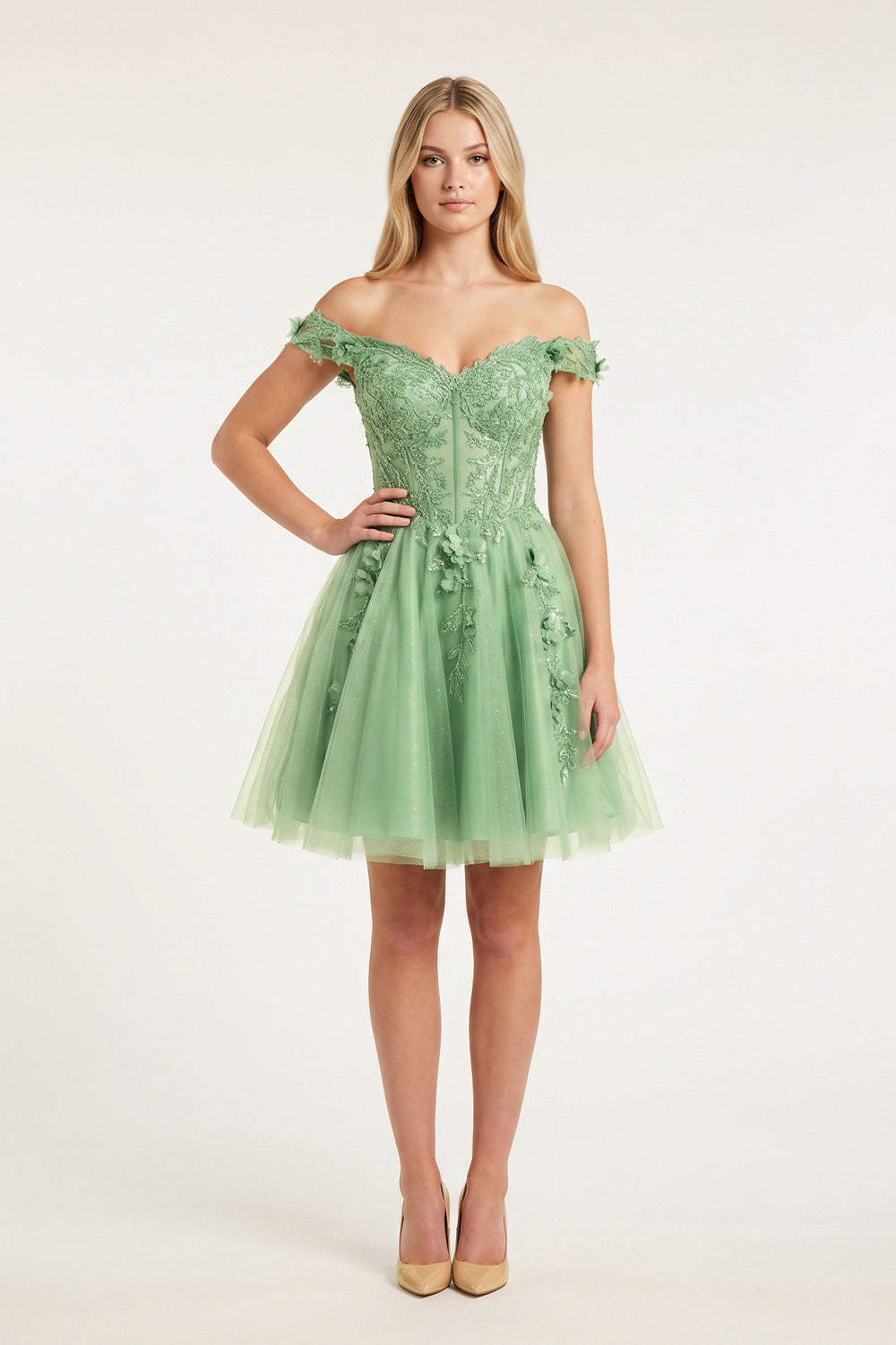 Green Off-the-Shoulder Beaded Appliques A-Line MIni Homecoming Dress | KISSPROM
