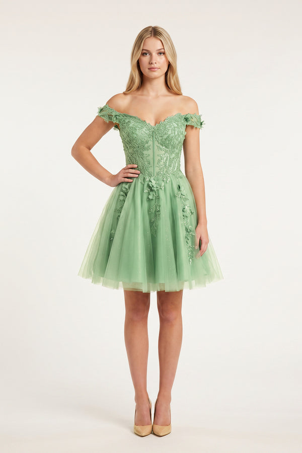 Green Off-the-Shoulder Beaded Appliques A-Line MIni Homecoming Dress | KISSPROM