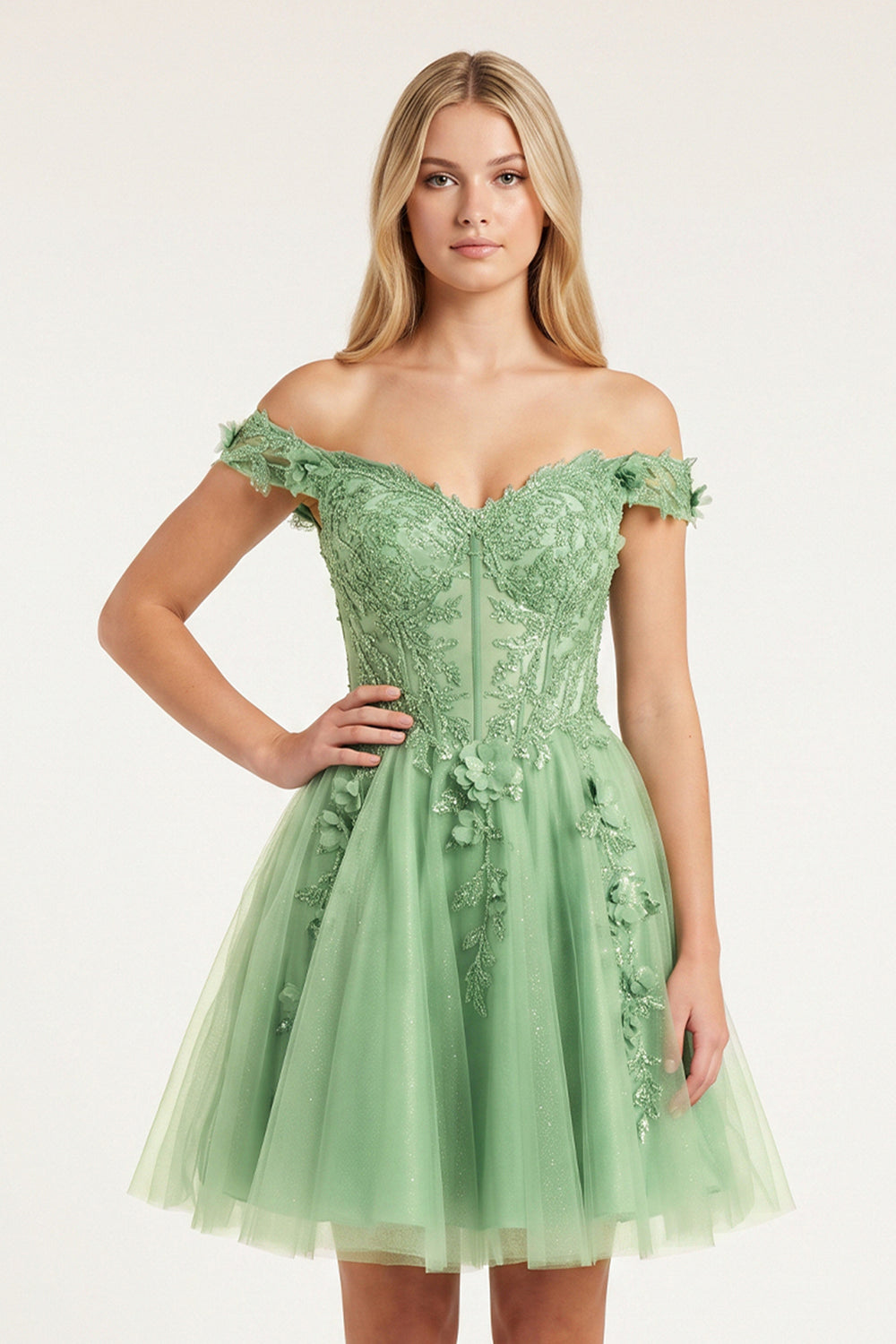 Green Off-the-Shoulder Beaded Appliques A-Line MIni Homecoming Dress | KISSPROM
