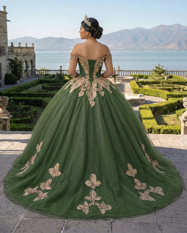 Sage Green Off the Shoulder Quinceanera Dresses with Appliques (2) | KISSPROM