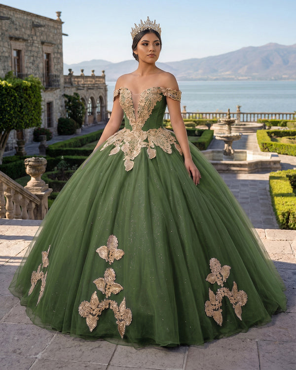 Sage Green Off the Shoulder Quinceanera Dresses with Appliques | KISSPROM
