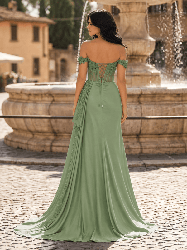 Sage Green Off the Shoulder Satin Beaded Long Party Dress With Slit (2) | KISSPROM