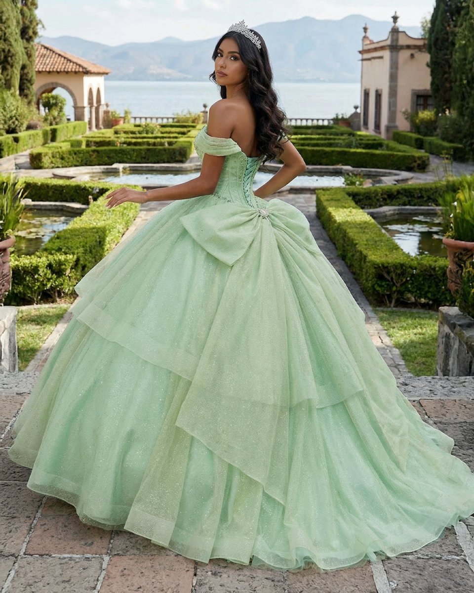 slim fit dress slacks Sage Green Off The Shoulder Tulle Beaded Quinceanera Dress Wth Bow
