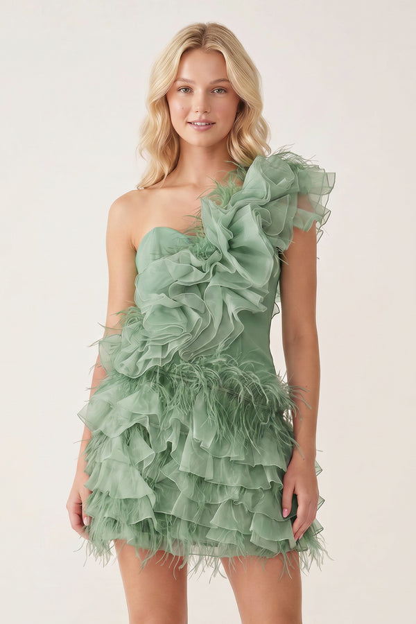 Sage Green Ruffled Tulle Shoulder Short Homecoming Dress with Feather (2) | KISSPROM