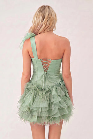 Sage Green Ruffled Tulle Shoulder Short Homecoming Dress with Feather | KISSPROM