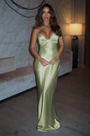 Sage Green Sheath Satin Spaghetti Straps Long Party Dress | KISSPROM