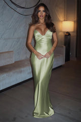 Sage Green Sheath Satin Spaghetti Straps Long Party Dress | KISSPROM