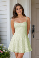 Sage Green Spaghetti Straps A-Line Chiffon Jacquard Homecoming Dress | KISSPROM