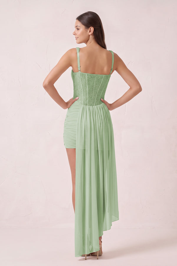 Sage Green Sparkly Sweetheart Corset Bodycon Tulle Homecoming Dress with Ribbon (2) | KISSPROM