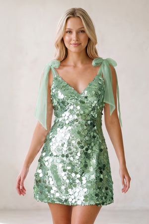 Sage Green Sparkly V-Neck A-Line Sequin Homecoming Dress (3) | KISSPROM