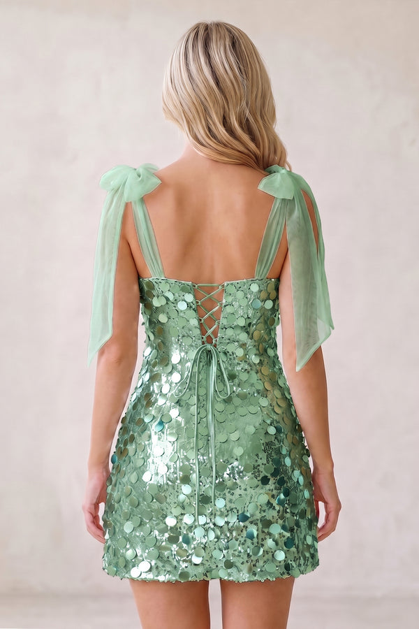 Sage Green Sparkly V-Neck A-Line Sequin Homecoming Dress (4) | KISSPROM