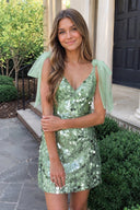 Sage Green Sparkly V-Neck A-Line Sequin Homecoming Dress | KISSPROM