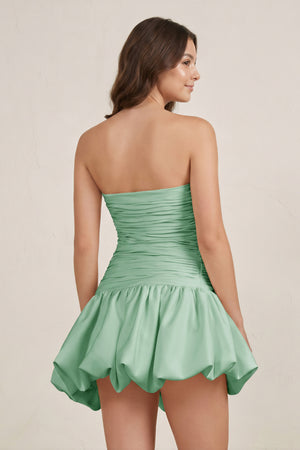 Sage Green Strapless A-Line Satin Balloon Draped Homecoming Dress (2) | KISSPROM