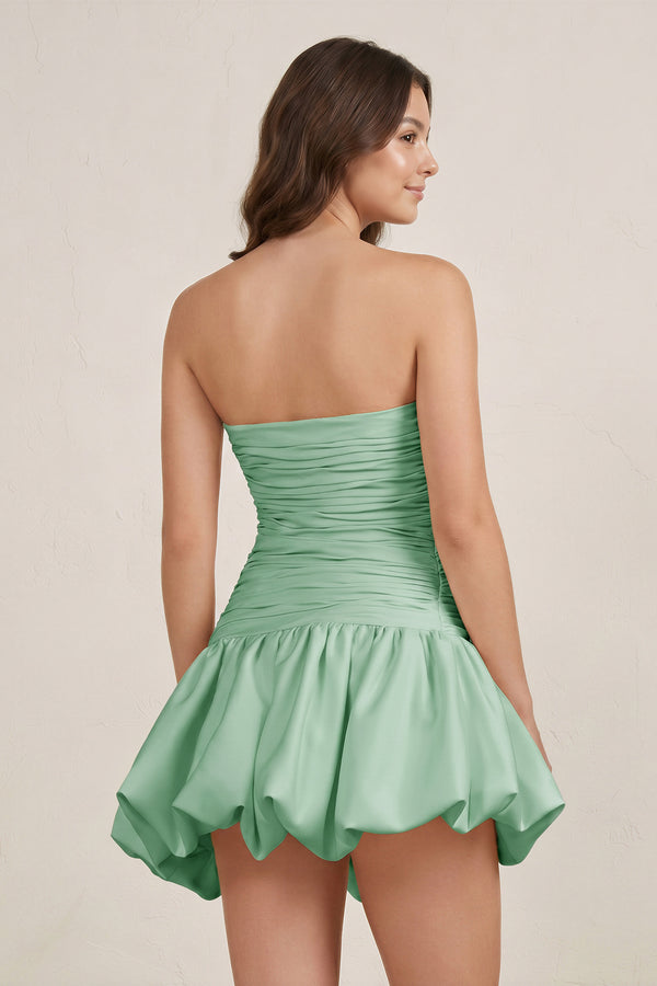 Sage Green Strapless A-Line Satin Balloon Draped Homecoming Dress (2) | KISSPROM
