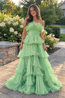 Sage Green Strapless A-Line Tiered Crinkled Tulle Prom Dress | KISSPROM