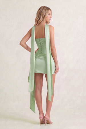 Sage Green Strapless Bodycon Satin Corset Homecoming Dress With Ribbon (6) | KISSPROM