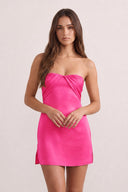 Hot Pink Strapless Sheath Satin Ruched Homecoming Dress with Lace-Up Back | KISSPROM