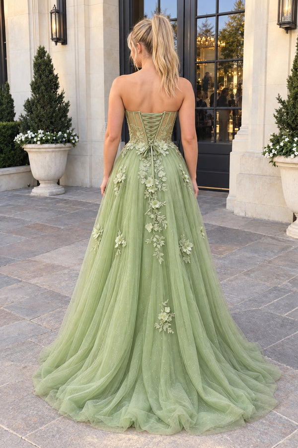 Sage Green Sweetheart Lace-Up Long Prom Dress with 3D Floral Lace (2) | KISSPROM