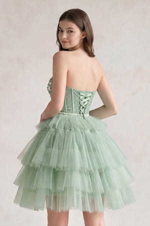 Sage Green Tulle 3D Floral Lace A-Line Tiered Homecoming Dress (2) | KISSPROM