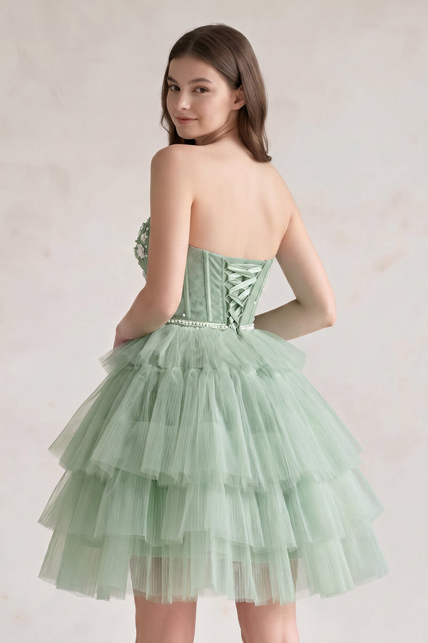 Sage Green Tulle 3D Floral Lace A-Line Tiered Homecoming Dress (2) | KISSPROM
