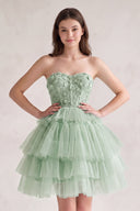 Sage Green Tulle 3D Floral Lace A-Line Tiered Homecoming Dress | KISSPROM