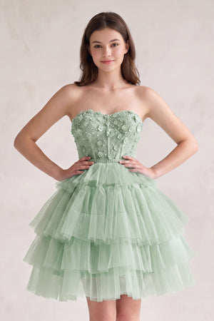 Sage Green Tulle 3D Floral Lace A-Line Tiered Homecoming Dress | KISSPROM