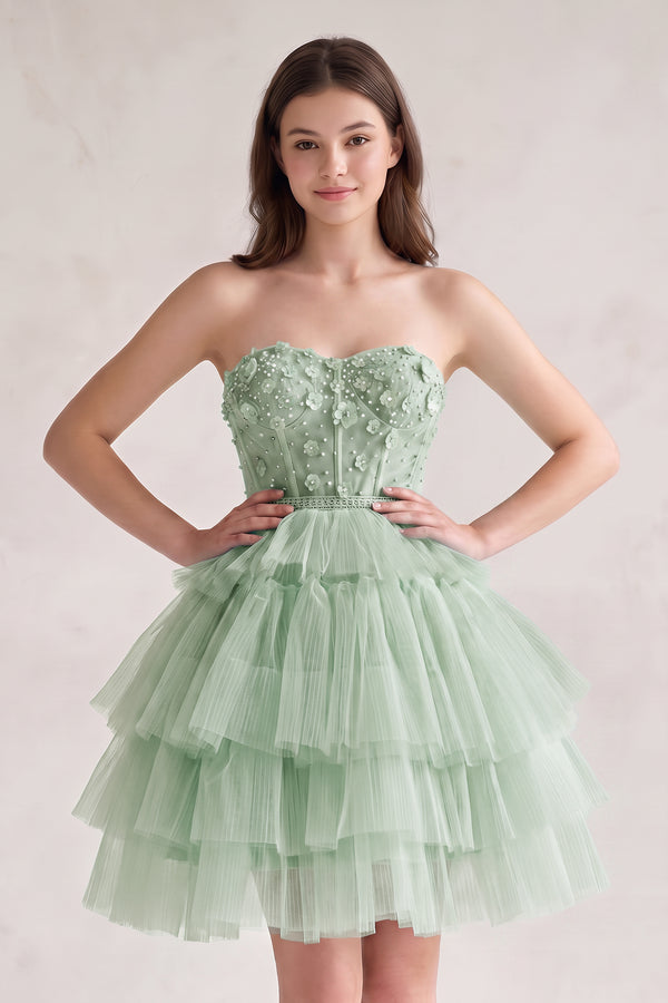 Sage Green Tulle 3D Floral Lace A-Line Tiered Homecoming Dress | KISSPROM