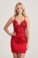 Red V-Neck Sheath Satin Sequined Homecoming Dress | KISSPROM
