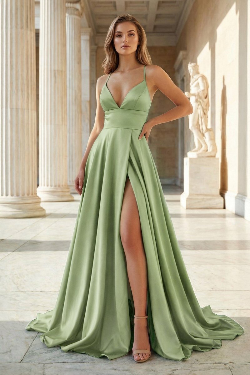 KissProm Pink Spaghetti Straps Satin Backless A Line Prom Dress With Pockets, Sage Green / 14