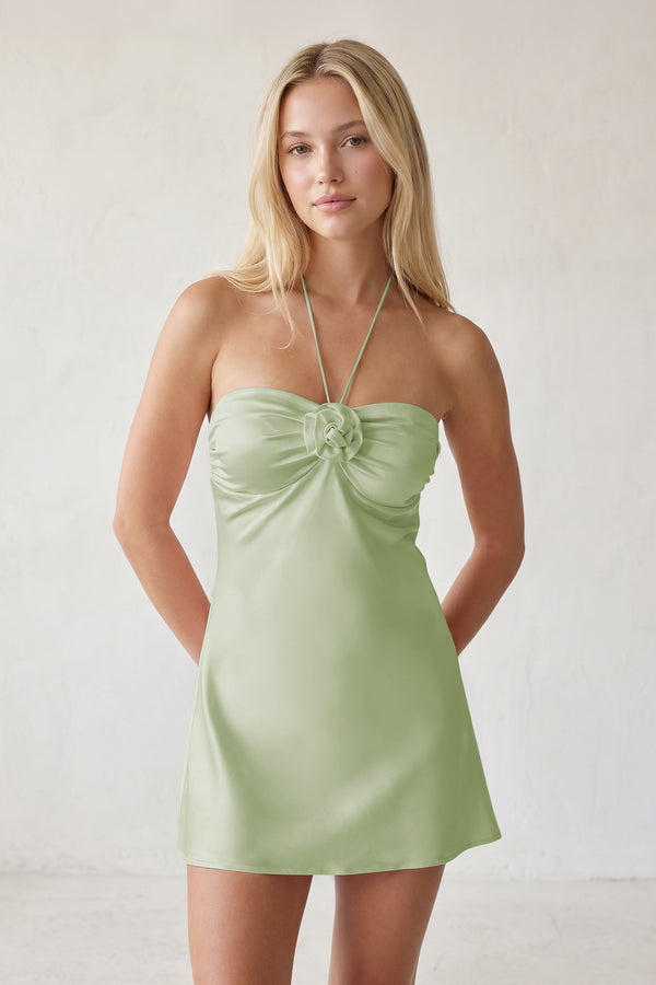 Sage Halter Satin Sheath 3D Flower Homecoming Dress | KISSPROM