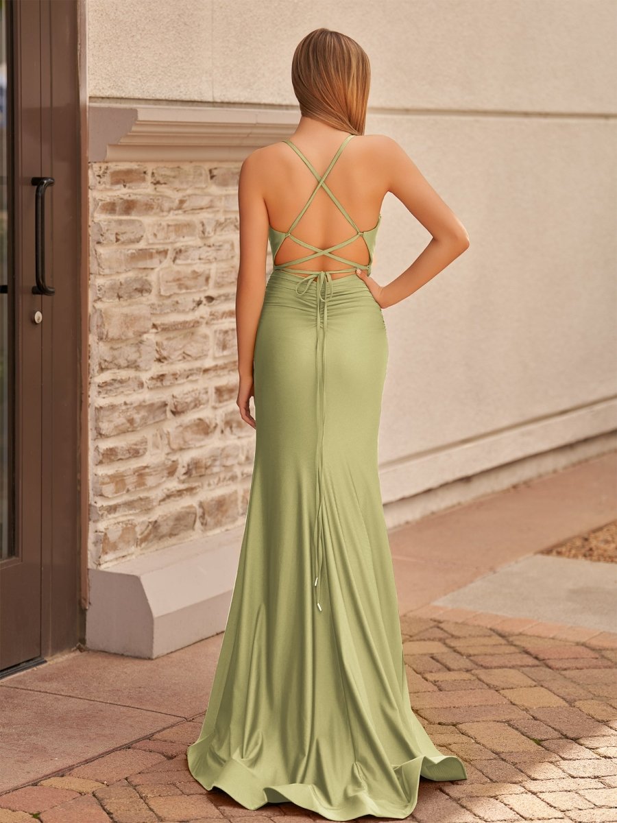 Mermaid Spaghetti Straps Satin Prom Dress with Slit, Sage Green / 14