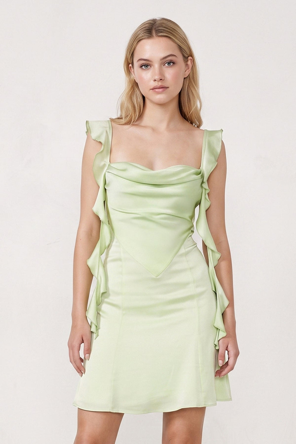 Sage Green Ruffled Sheath Square Neck Satin Ruched Homecoming Dress | KISSPROM