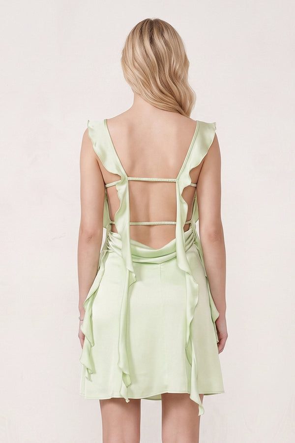 Sage Green Ruffled Sheath Square Neck Satin Ruched Homecoming Dress (2) | KISSPROM