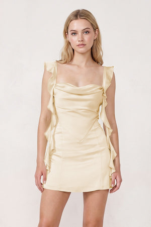 Yellow Ruffled Sheath Square Neck Satin Ruched Homecoming Dress | KISSPROM