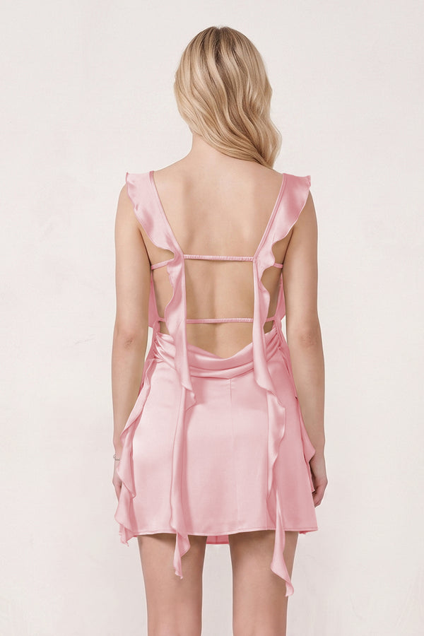 Pink Ruffled Sheath Square Neck Satin Ruched Homecoming Dress (2) | KISSPROM