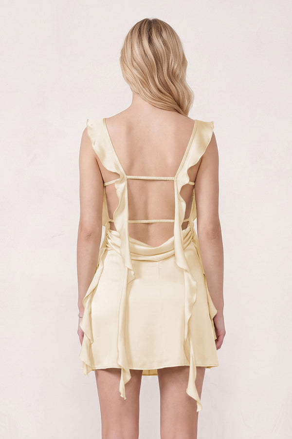 Yellow Ruffled Sheath Square Neck Satin Ruched Homecoming Dress (2) | KISSPROM