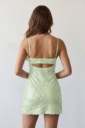 Sage Sparkly Spaghetti Straps Sheath Satin Homecoming Dress With Sequins | KISSPROM