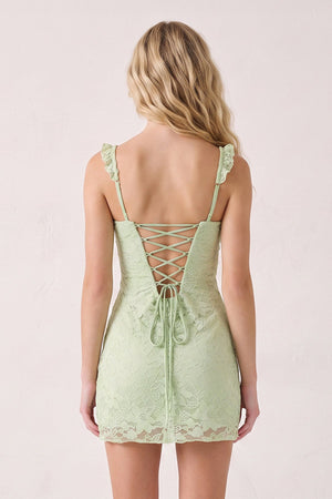 Sage Sweetheart Lace Sheath Mini Homecoming Dress with Lace-Up Back | KISSPROM