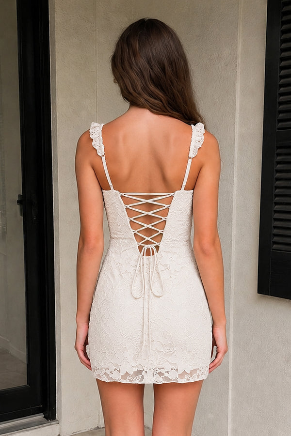 Ivory Sweetheart Lace Sheath Mini Homecoming Dress with Lace-Up Back | KISSPROM
